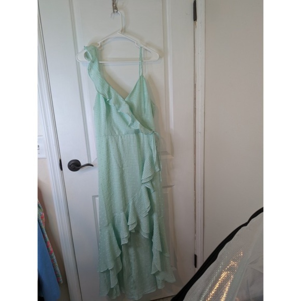 By & By Mint Green Swiss Dot Ruffle High Low Maxi Dress XL Asymmetrical Wedding